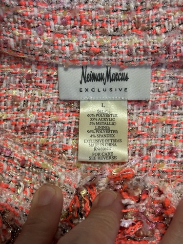 NEIMAN MARCUS Fransenbesatz Boucle Sakko Tweed Tasche Blazer rosa leise Lux LARGE - Bild 4 von 13
