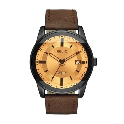 Relic By Fossil  Mens Brown Leather Strap Watch ZR12229 Amber Face