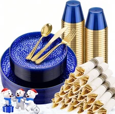 Hioasis 175pcs Blue Gold Plastic Plates - Blue Plastic Dinnerware Set Includes 2