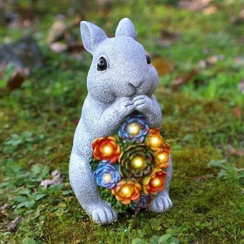 Easter Solar Garden Outdoor Statues, Bunny Garden Statue with Light Grey Bunny