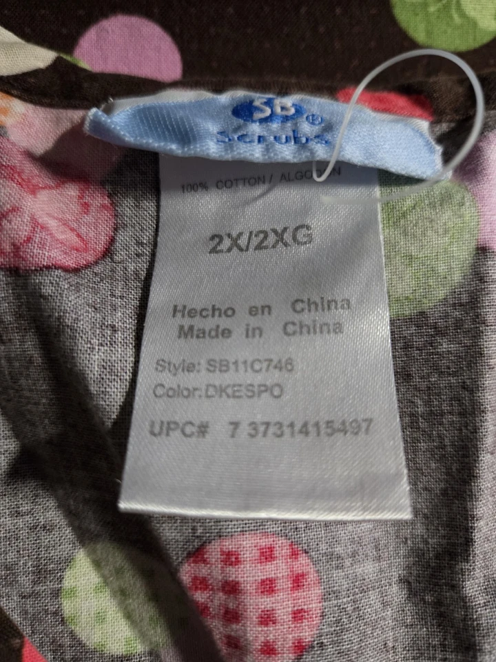 SB Scrubs Scrub Top Size 2X-Brown/Pastel Polk-a-Dot V-Neck-Chest 28"/L 27.5" - Image 4 of 4