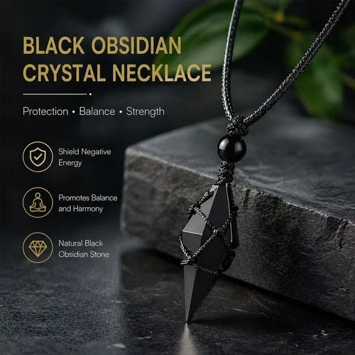 Real Black Obsidian Amulet Healing Strength Protection Pendant Unisex Necklace - product listing photo