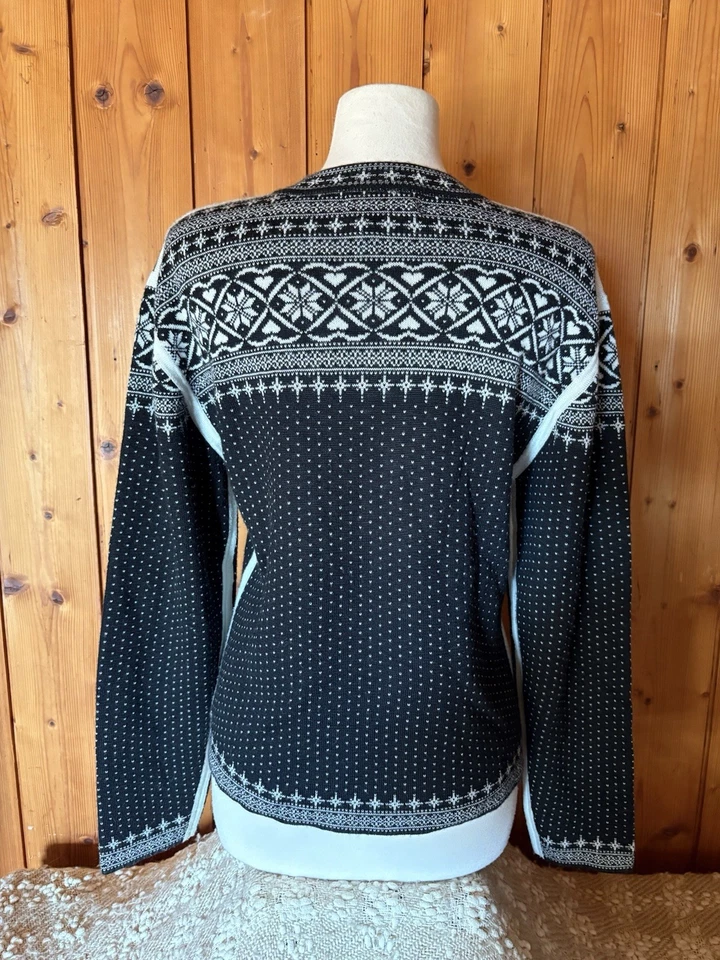 Suéter Obermeyer Negro Blanco Fair Isle Tejido Mezcla de Lana Copo de Nieve M Foto 4 de 4
