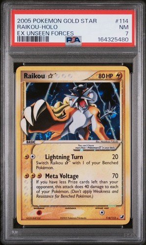 2005 Pokemon Unseen Forces Raikou Gold Star 114/115 Mint PSA 7 Swirl