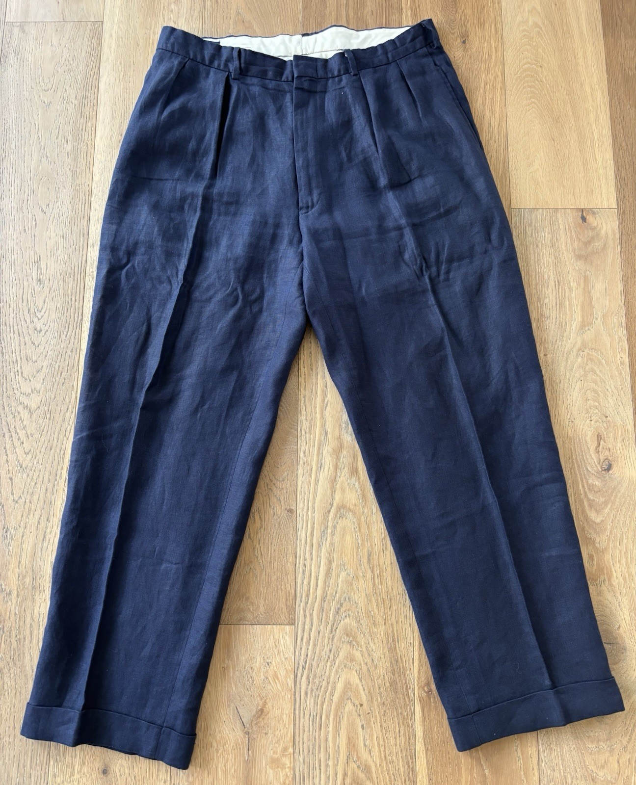 Vintage Polo Ralph Lauren Mens Navy Pleated Linen Blend Dress Pants 36x30 Cuffed