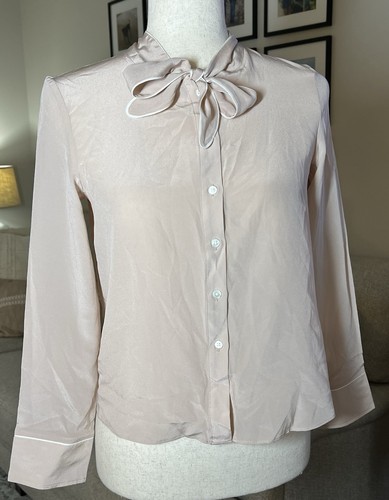 Petite Studio New York 100% Silk Button Down Bow Blouse Top Size XXS Dusty Pink