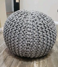 Round Pouf Celtic Knitted Cableknit Gray Ottoman Footrest Extra Seating