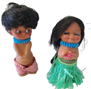 Hawaiian Rubber 5" Hula Boy Girl Dolls Hong Kong Grass Skirt Souvenir