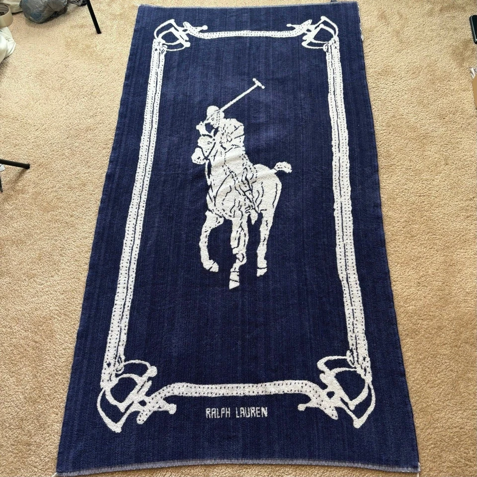 Toalha de praia vintage Ralph Lauren logotipo jogador polo reversível 66x35 pônei grande - Imagem 2 de 4