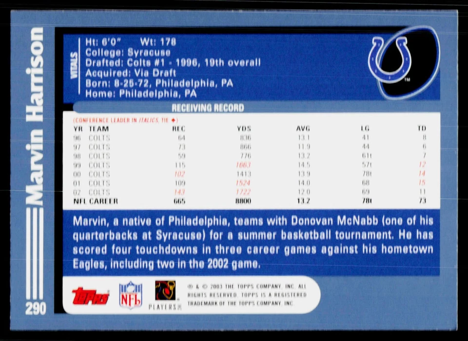 Marvin Harrison, 2003 Topps, #290, Indianapolis Colts, - Image 2 of 2