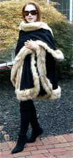 Black Cashmere & Golden Russian Sable Fur Cape Shawl Coat New