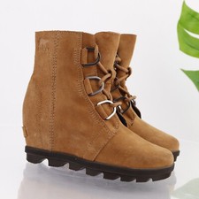 Sorel Girls Joan of Arctic Boot Size 2 Tan Leather Wedge Heel Lace Up Booties