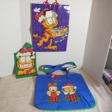 Vintage Garfield Odie Gift Bags Christmas Paper  Vinyl Blue Tote bag Lot Of 3