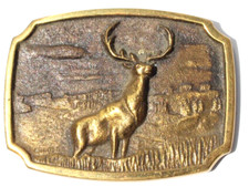 Vtg Hertiage 1970s REGISTERED COLLECTION BRASS DEER ELK IN NATURE BELT BUCKLE