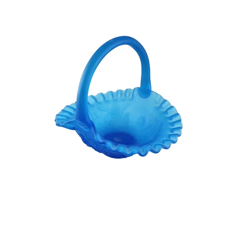 Vintage Fenton Blue Satin Glass Basket Ruffle Edge Rose and Trellis