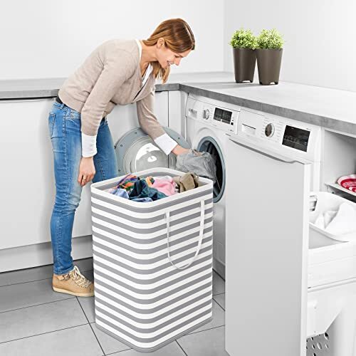 Cesta de lavandería grande plegable cesta de lavandería con fácil 75L gris - Imagen 5 de 6