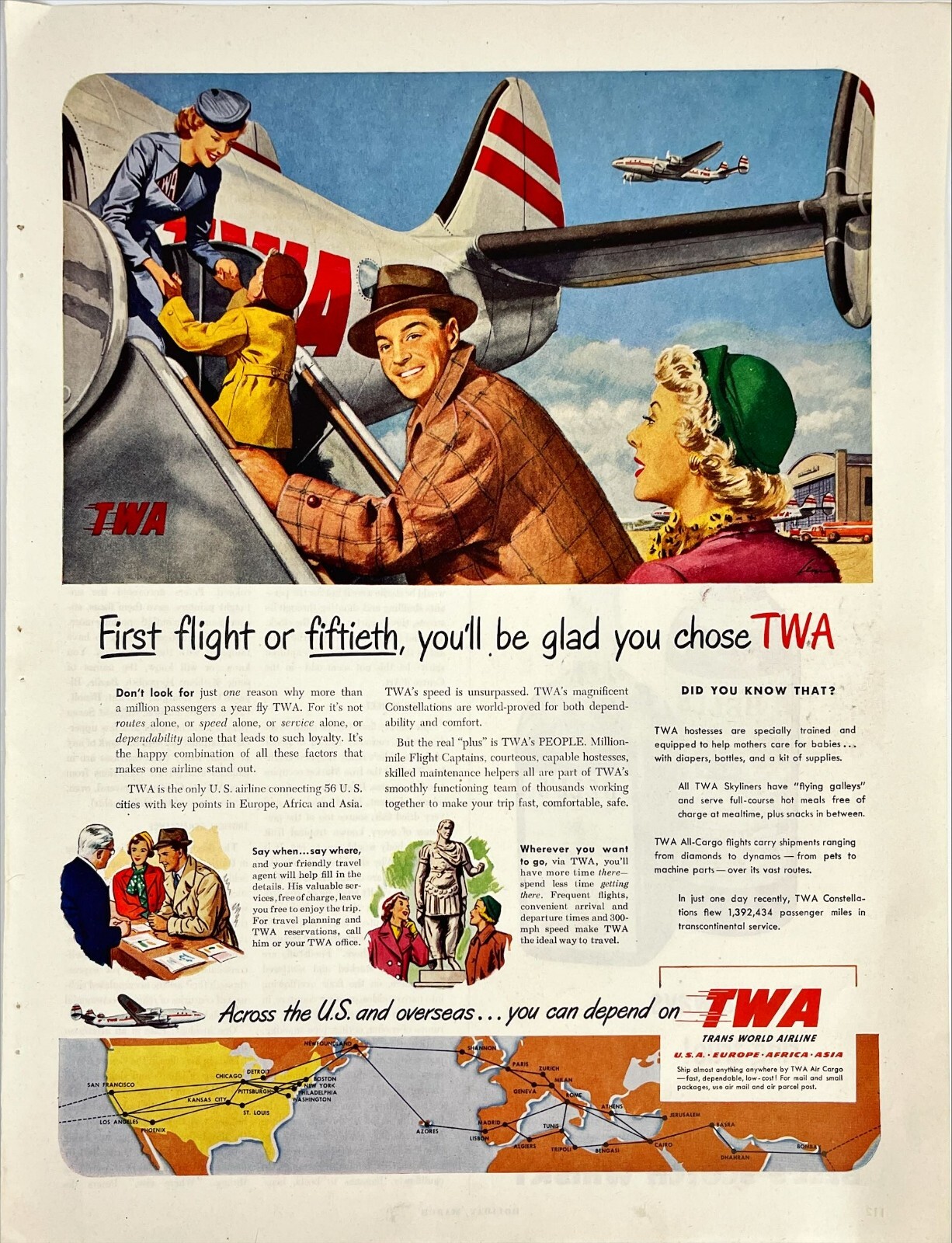 TWA Airline World Map Globe Airplane Stewardess JFK Airport Vtg Magazine Ad 1950