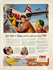 TWA Airline World Map Globe Airplane Stewardess JFK Airport Vtg Magazine Ad 1950