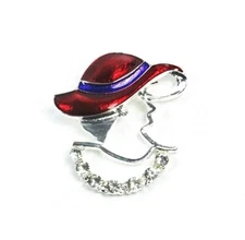 Red Hat Lady Rhinestones Brooch Pin Silver Tone Hat Society Ladies