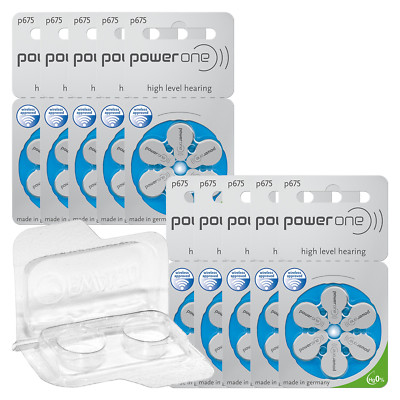60 Varta Power One Hörgerätebatterien p675 blau PR44 + Transportbox f. 2 Zellen
