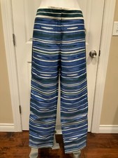 Tory Burch Blue, Green & White Watercolor Striped Straight Leg Pants, Size 8