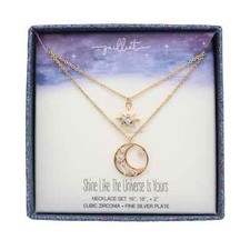 Set of Two Celestial Moon  Star CZ Necklaces in Gift Box BX005