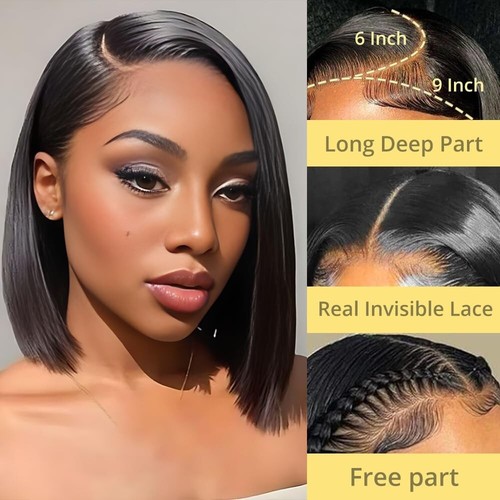 9x6 HD Lace Front Bob Wig Human Hair Glueless 12 Inch 200% Density - Picture 2 of 5