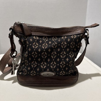 FOSSIL MADDOX Geometric Brown Leather & Canvas Messenger Crossbody Shoulder Bag