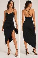 Papaya Black Slip Dress Small NWT Ruched Side Split Asymmetrical Midi Strap Back