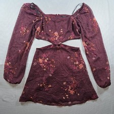 Forever 21 Burgundy Floral Clip Dot Cutout Mini Dress Long Balloon Sleeve Small