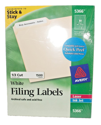 Avery 5366 White File Folder Labels 1/3 Cut TrueBlock Laser Ink Jet 1500 Labels