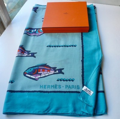 HERMES Paréo Fische Baumwolle GUTER ZUSTAND