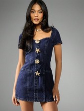 Missguided Dark Wash Mini Denim Dress Gold Button Starfish Shell Back Zip Size L