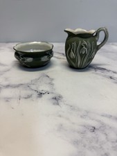 Schafer Vater Jasperware Green Bisque Lillies Creamer $ Sugar Bowl