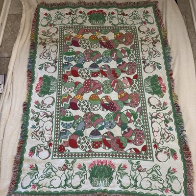 Vintage Easter Tapestry Throw  Bunny Eggs Reversible  44x66 FREE FAST SHIPPING