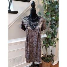 Crea Mure Dress Women Size 8 Brown Paisley Velvet Beaded Neck Boho Short Sleeve