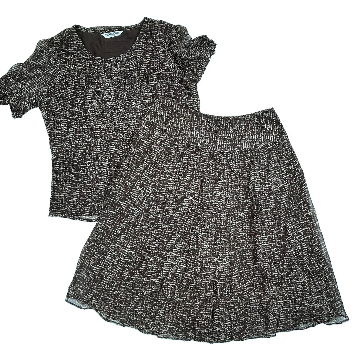Pendleton Women’s 10 Pet. Brown Abstract Silk Top Skirt Set Lined Yoke Side Zip