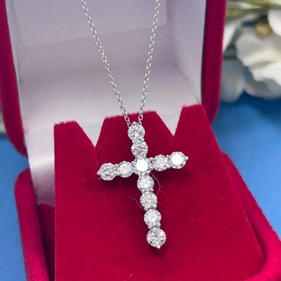 2CT Round Cut Lab Grown Diamond 925 Silver Women's Cross Pendant With 18'' Chain