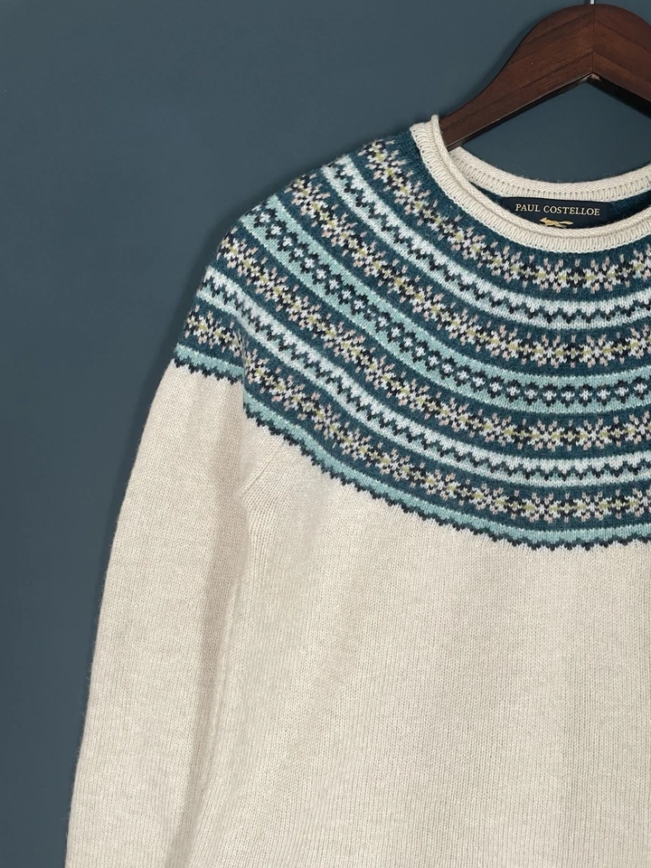 PAUL COSTELLOE Fair Isle Jumper | Wool Blend | Ecru Turquoise Green | Medium 12 - Image 2 of 4