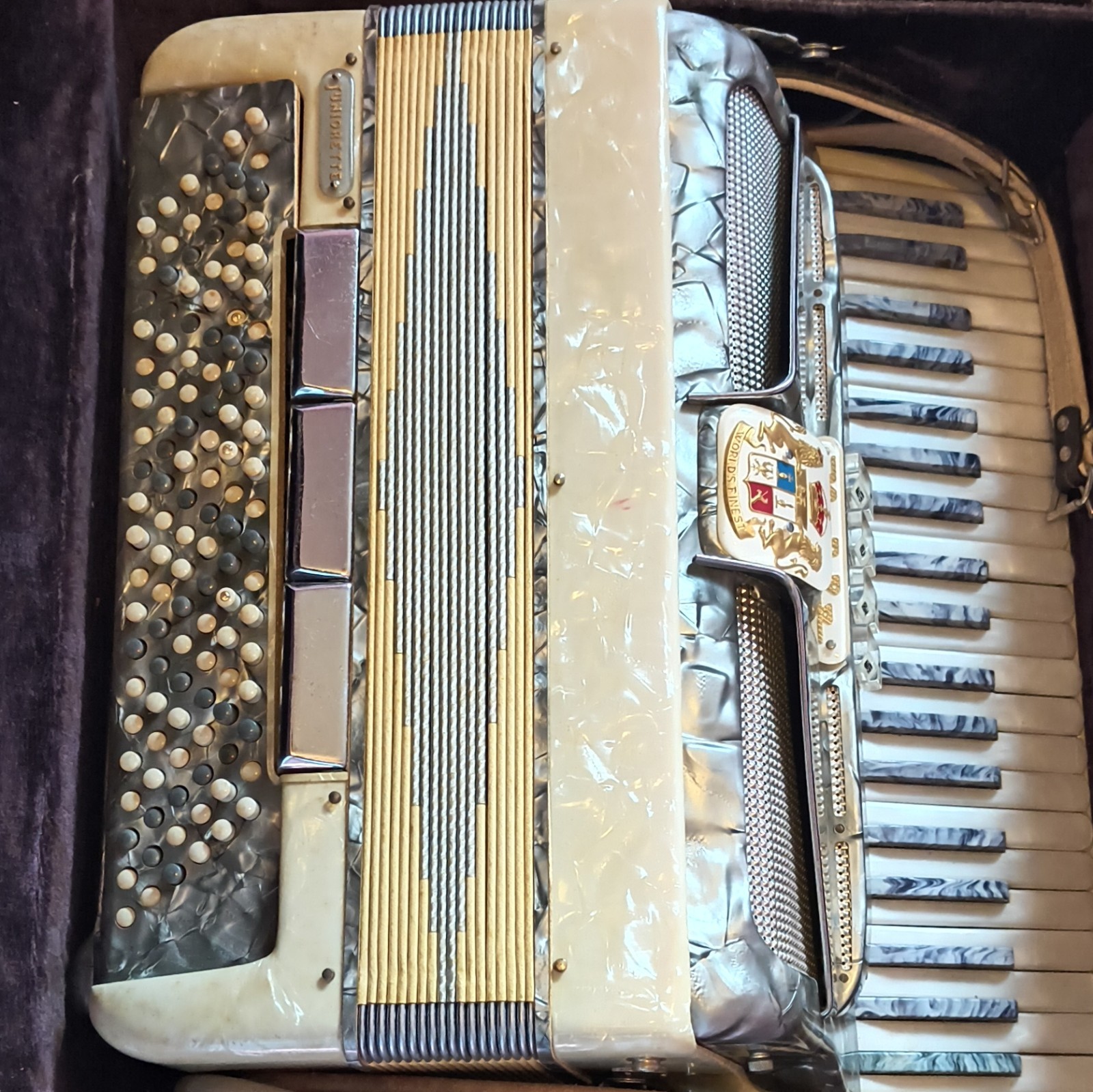 как выглядит Strad-O-Lin Piano Accordion 41 Treble/120 Bass 4 Register Gray/White w/ Case фото