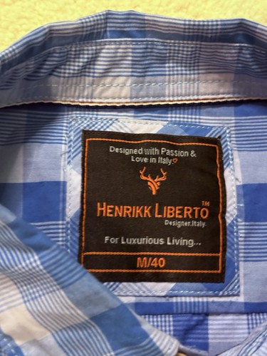 Camisa Henrikk Liberto Italia Para Hombres Calce Ajustado Mediana 40 Cuadros Guinga Azul Algodón - Imagen 2 de 8