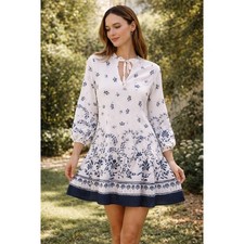 Rachel Zoe Blue White Floral Long Sleeve Drop Waist Ruffle Mini Dress Small NWT