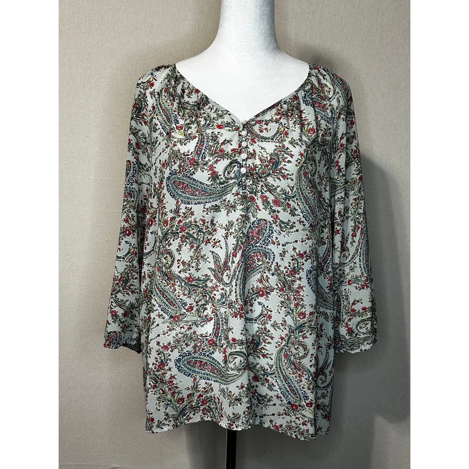 Blusa American Living feminina tamanho grande gola V paisley florais boho camponesa - Imagem 4 de 4