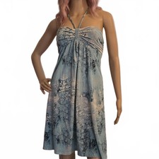 Vintage Y2K Mudd Abstract Print Halter Dress - Size S Blue White Ruched