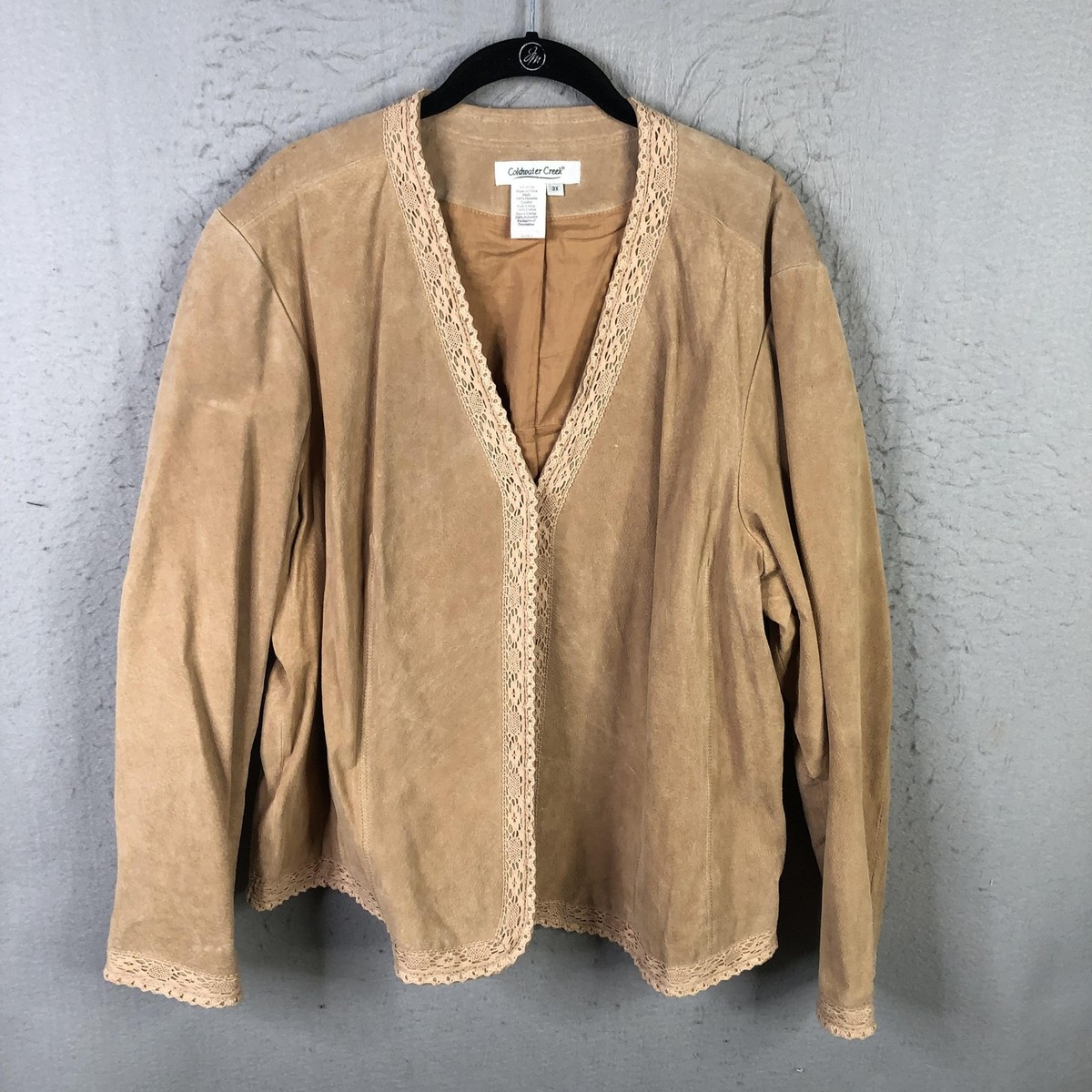 Coldwater Creek Jacket Womens 3X Tan Suede Leather Open Front Lace