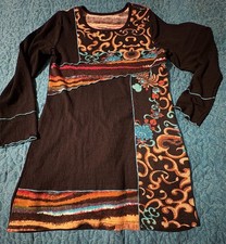 Black Sweater Dress Round Neck Multicolor Ribbon Patterns Size L No Brand Tag