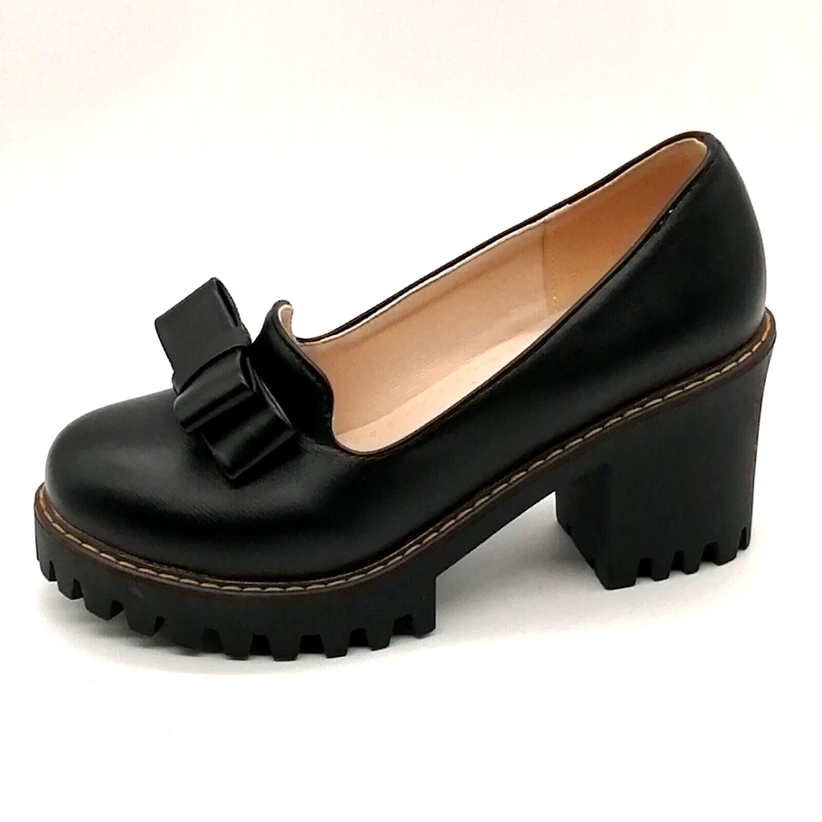 Womens Pumps Black Tread Platform Slip On Block Heel Bow Round Toe