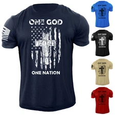 Men's One GOD One Nation Cross USA Flag T Shirt American Patriotic 100% Cotton