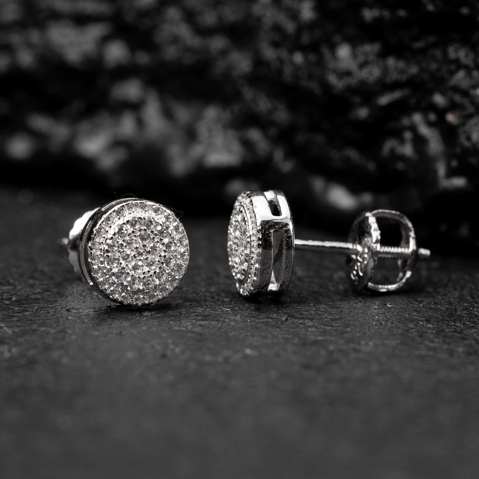 Pendientes redondos de hip hop de oro blanco 925 de plata de ley con racimo circular Foto 4 de 4