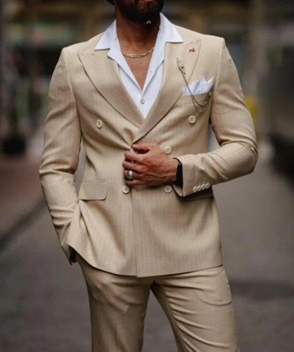 Business Striped Men Suits Slim Fit Double Breasted Peak Lapel Blazer Wedding - Picture 7 of 15